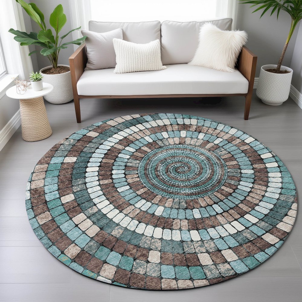 Machine Washable Indoor/Outdoor Chantille ACN2216 Teal 8' x 8' Round Rug. Picture 5
