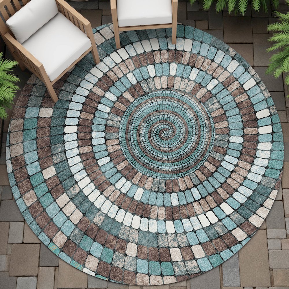 Machine Washable Indoor/Outdoor Chantille ACN2216 Teal 8' x 8' Round Rug. Picture 6