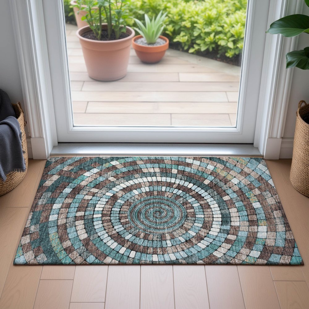 Machine Washable Indoor/Outdoor Chantille ACN2216 Teal 1'8" x 2'6" Rug. Picture 5