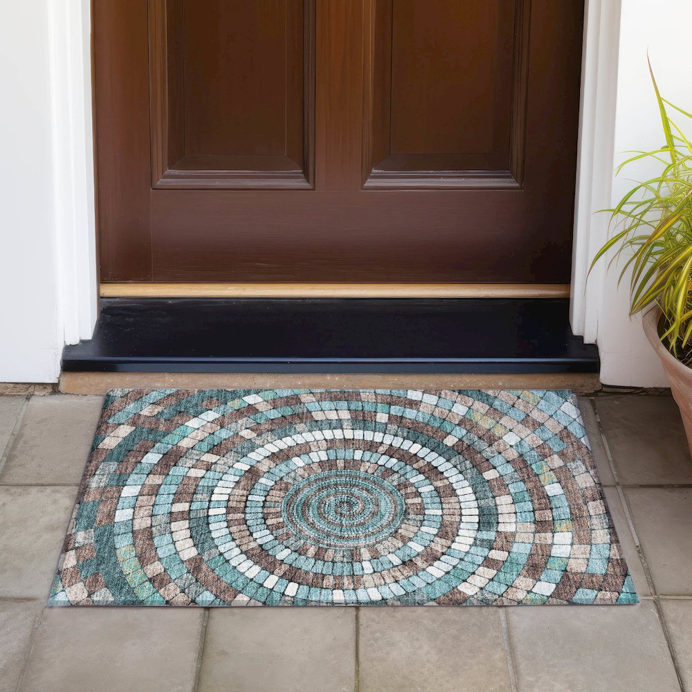 Machine Washable Indoor/Outdoor Chantille ACN2216 Teal 1'8" x 2'6" Rug. Picture 6