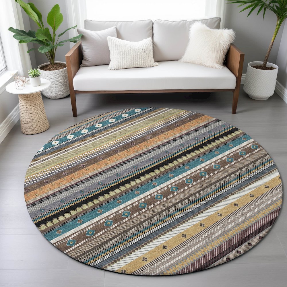 Machine Washable Indoor/Outdoor Chantille ACN2218 Brown 8' x 8' Round Rug. Picture 5