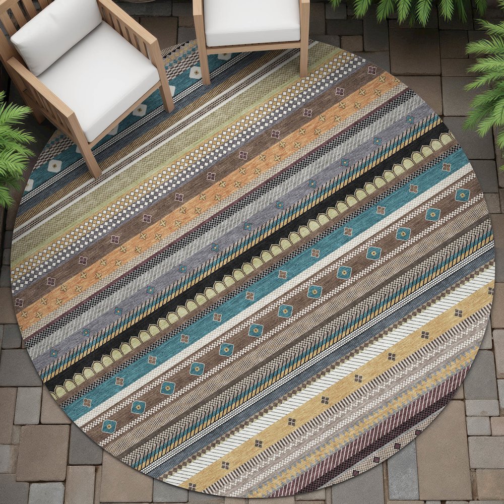 Machine Washable Indoor/Outdoor Chantille ACN2218 Brown 8' x 8' Round Rug. Picture 6