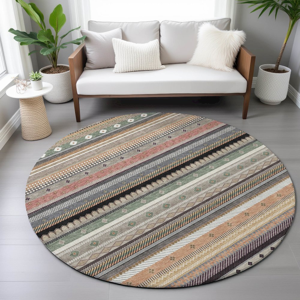 Machine Washable Indoor/Outdoor Chantille ACN2218 Khaki 8' x 8' Round Rug. Picture 5