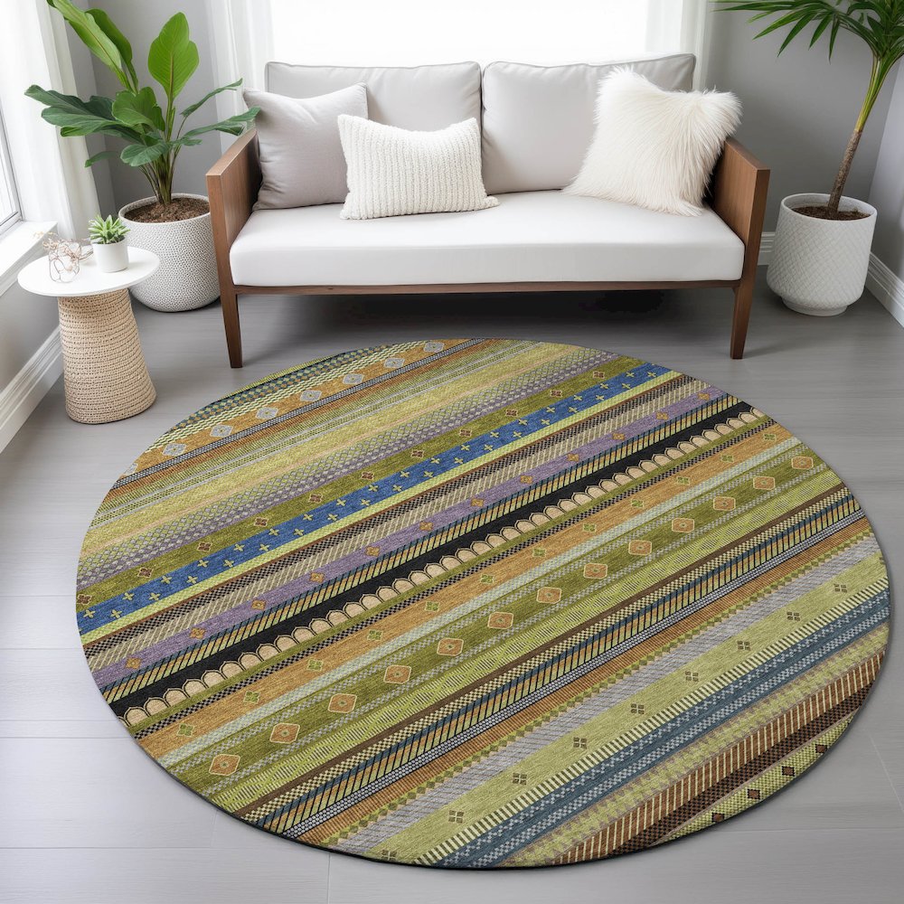 Machine Washable Indoor/Outdoor Chantille ACN2218 Olive 8' x 8' Round Rug. Picture 5