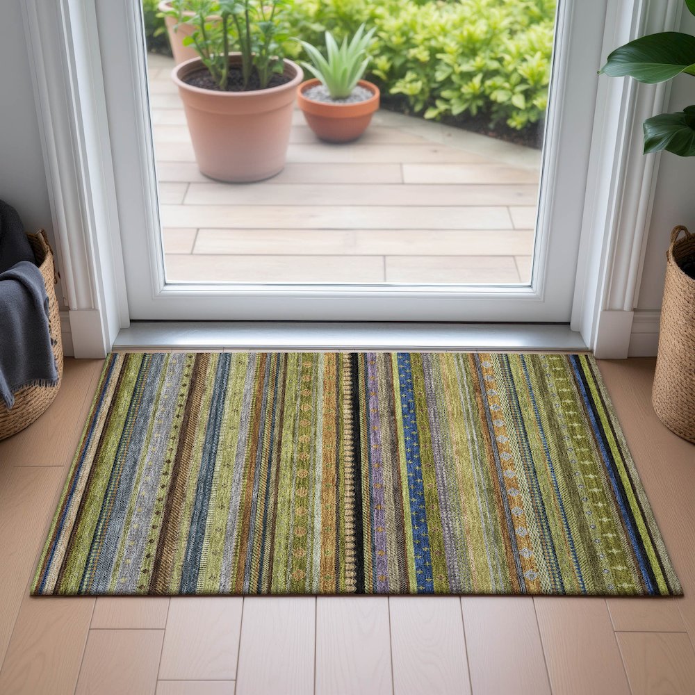 Machine Washable Indoor/Outdoor Chantille ACN2218 Olive 1'8" x 2'6" Rug. Picture 5