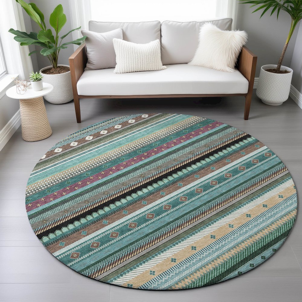 Machine Washable Indoor/Outdoor Chantille ACN2218 Teal 8' x 8' Round Rug. Picture 5