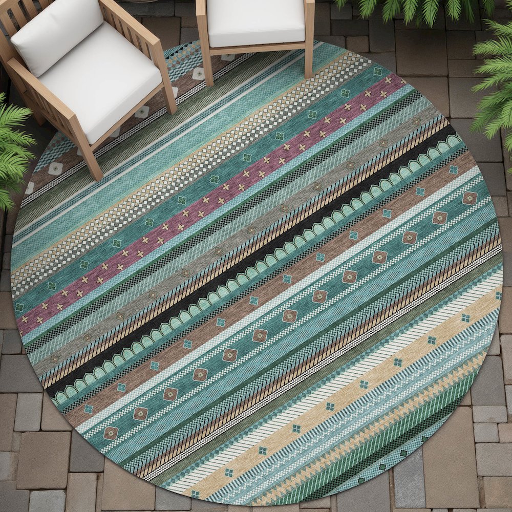 Machine Washable Indoor/Outdoor Chantille ACN2218 Teal 8' x 8' Round Rug. Picture 6