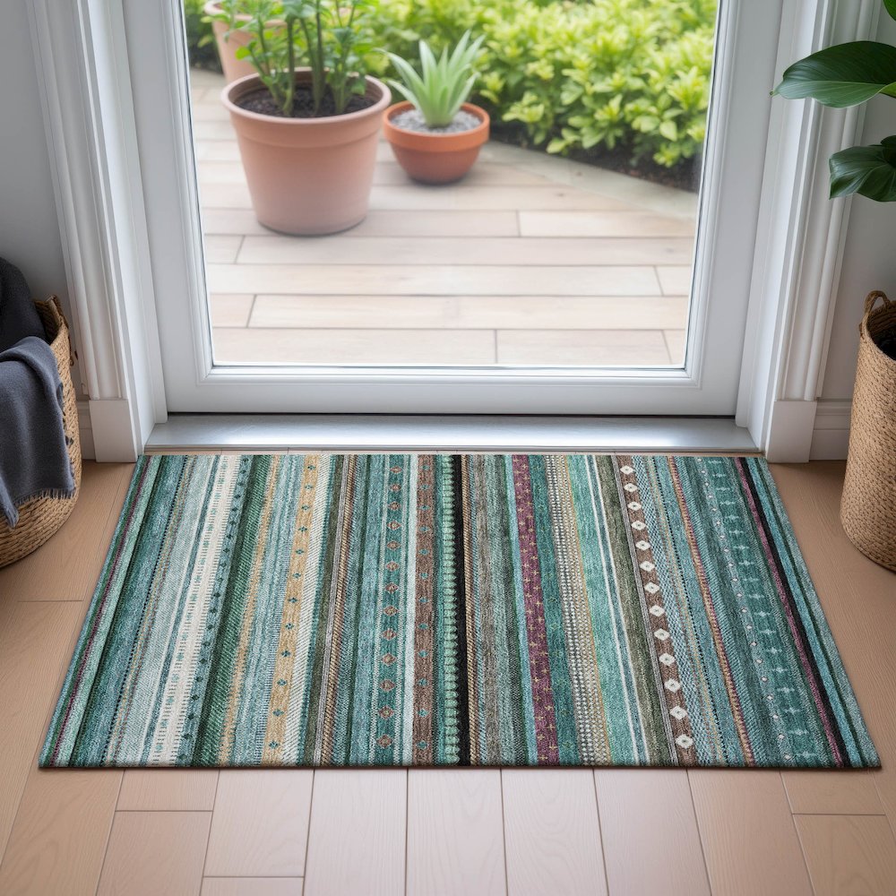 Machine Washable Indoor/Outdoor Chantille ACN2218 Teal 1'8" x 2'6" Rug. Picture 5