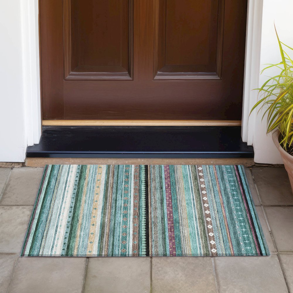 Machine Washable Indoor/Outdoor Chantille ACN2218 Teal 1'8" x 2'6" Rug. Picture 6