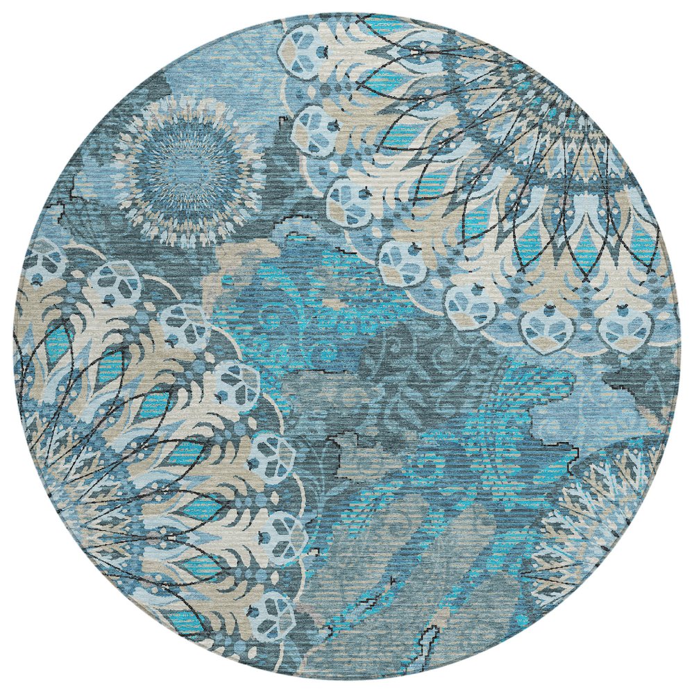 Machine Washable Indoor/Outdoor Chantille ACN2335 Teal 8' x 8' Round Rug. Picture 1