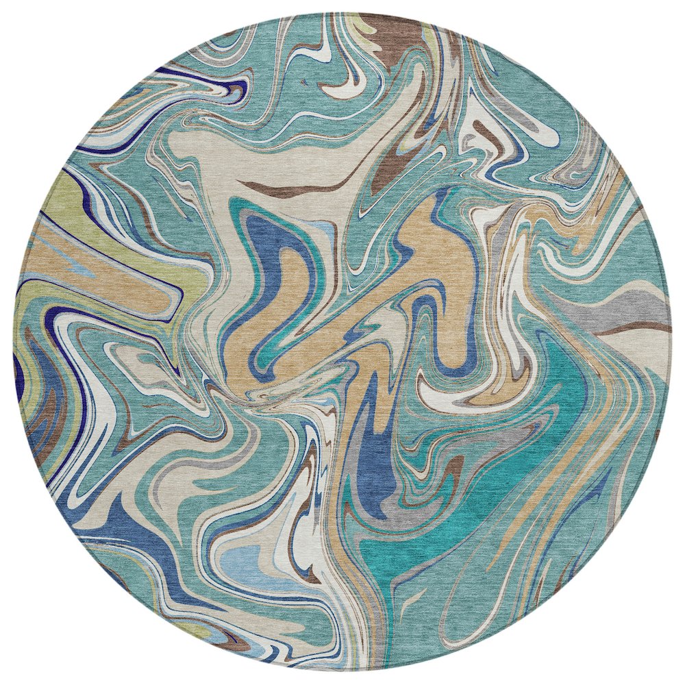 Machine Washable Indoor/Outdoor Chantille ACN2395 Teal 8' x 8' Round Rug. Picture 1