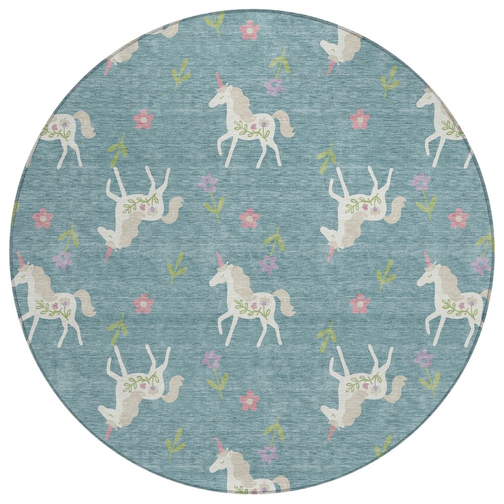 Machine Washable Indoor/Outdoor Chantille ACN2657 Teal 8' x 8' Round Rug. Picture 1