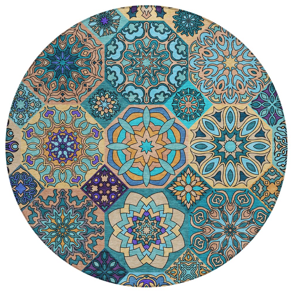 Machine Washable Indoor/Outdoor Chantille ACN2729 Teal 8' x 8' Round Rug. Picture 1