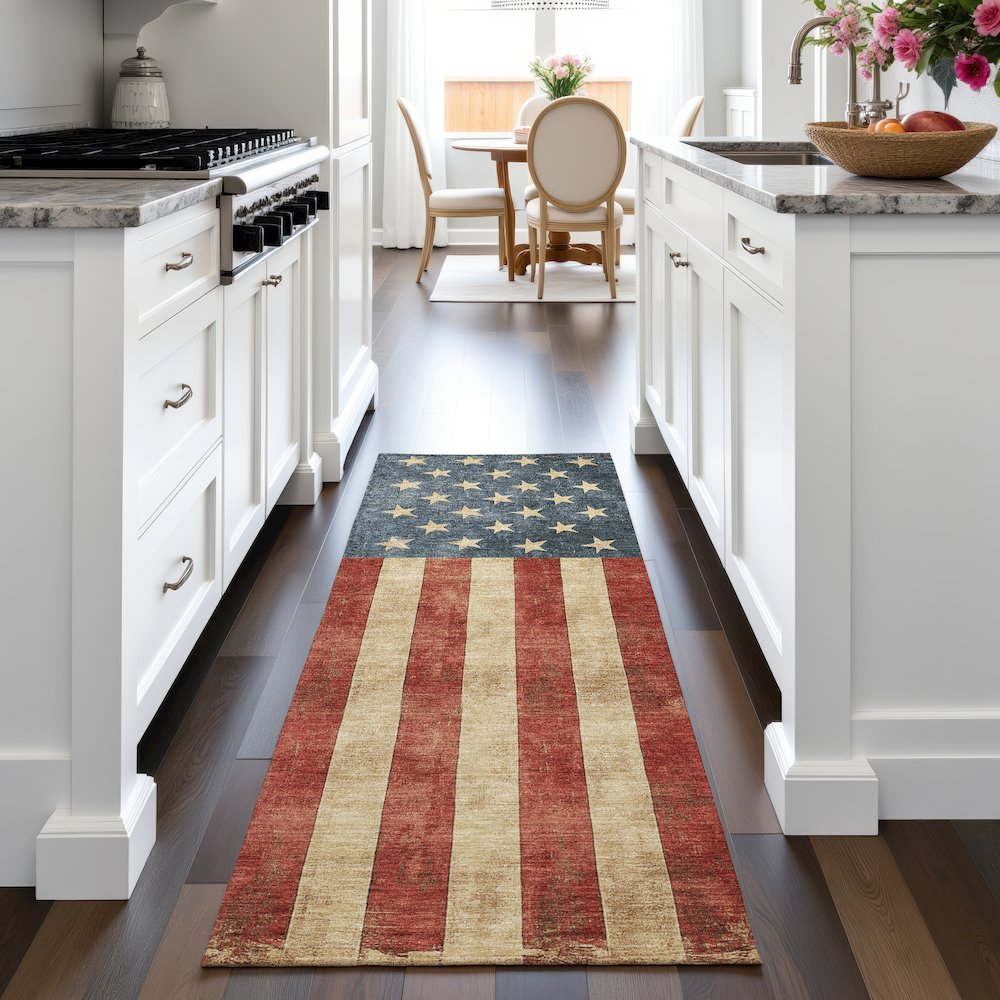Machine Washable Indoor/Outdoor Americana Red 2'3" x 7'6" Runner Rug. Picture 5