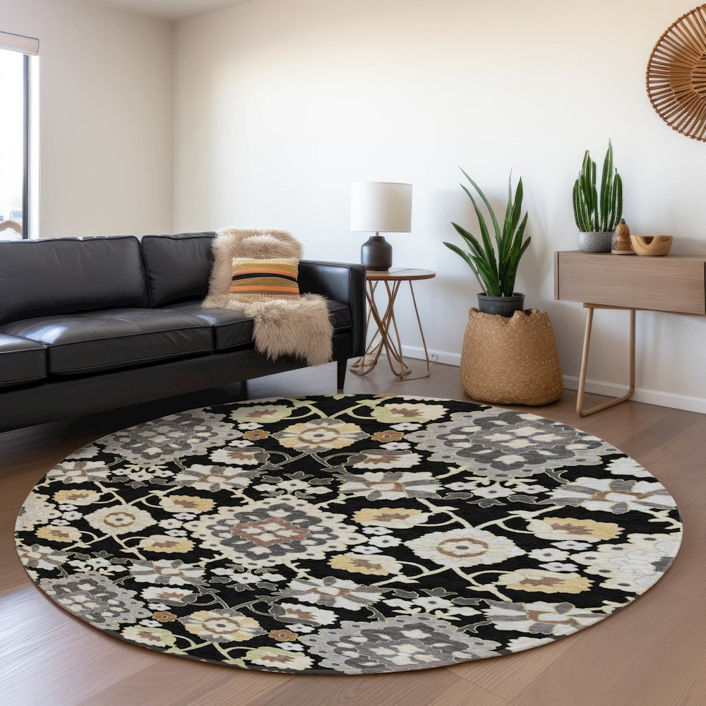 Premium Machine Washable Mayfield AMF1002 Black 8' x 8' Round Rug. Picture 5