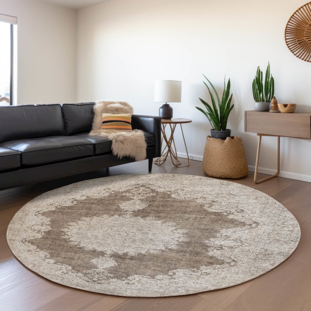 Premium Machine Washable Mayfield AMF1003 Brown 8' x 8' Round Rug. Picture 5