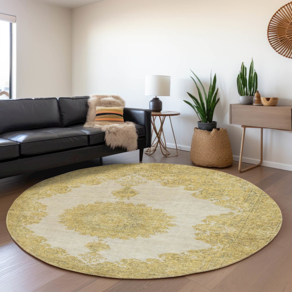 Premium Machine Washable Mayfield AMF1003 Gold 8' x 8' Round Rug. Picture 5