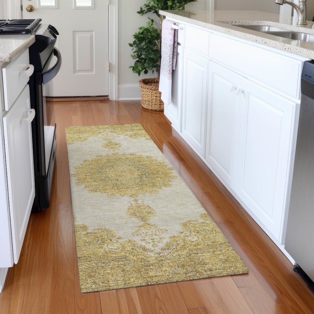 Premium Machine Washable Mayfield AMF1003 Gold 2'3" x 7'6" Runner Rug. Picture 5