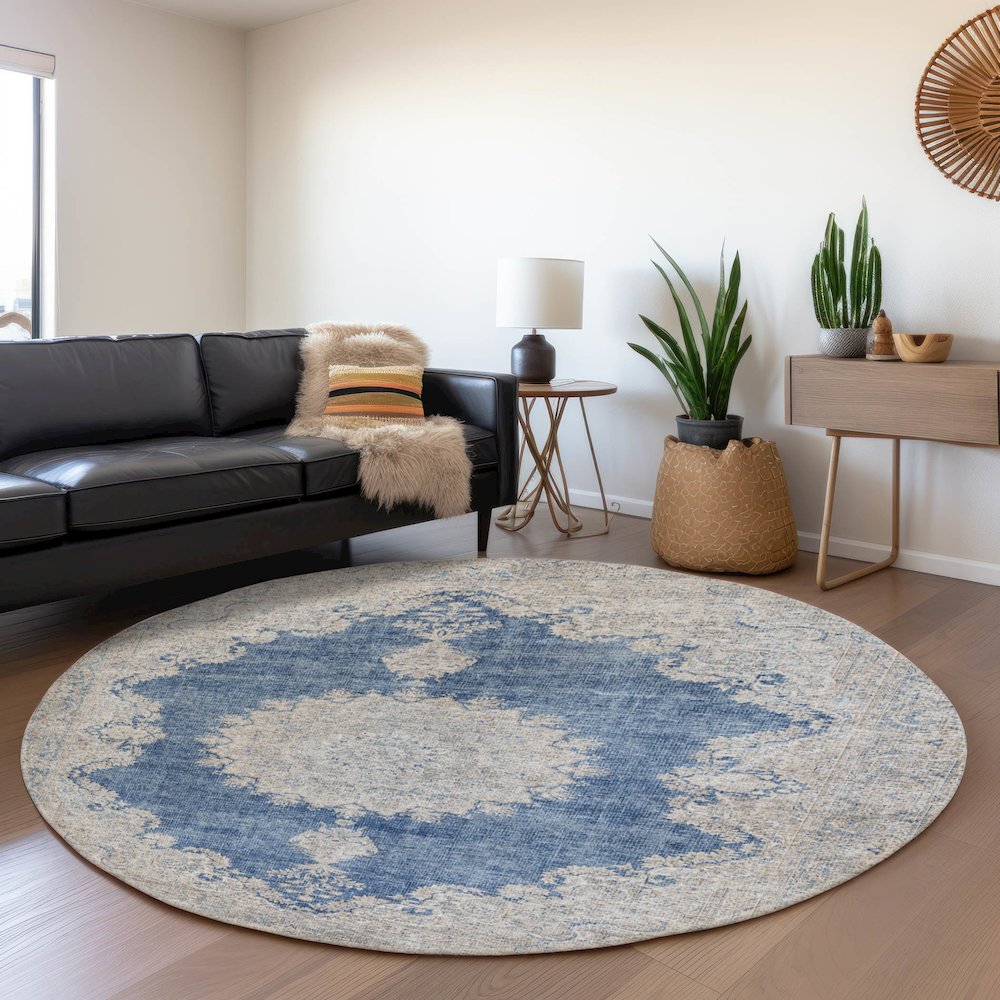 Premium Machine Washable Mayfield AMF1003 Navy 8' x 8' Round Rug. Picture 5