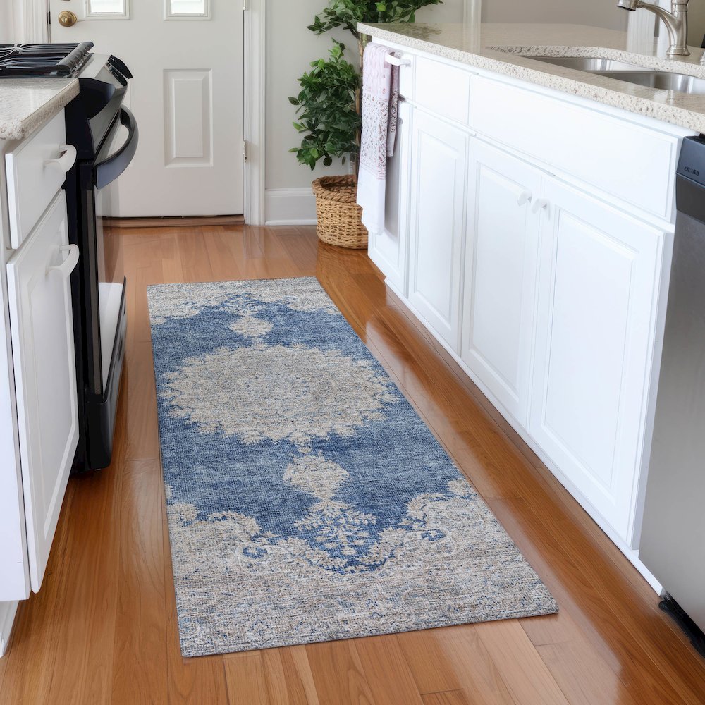 Premium Machine Washable Mayfield AMF1003 Navy 2'3" x 7'6" Runner Rug. Picture 5