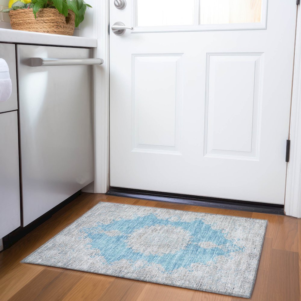 Premium Machine Washable Mayfield AMF1003 Teal 1'8" x 2'6" Rug. Picture 5