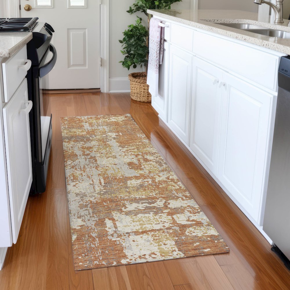 Premium Machine Washable Mayfield AMF1008 Copper 2'3" x 7'6" Runner Rug. Picture 5