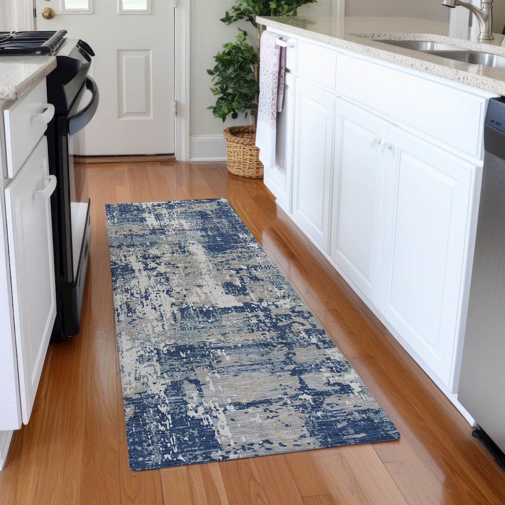 Premium Machine Washable Mayfield AMF1008 Navy 2'3" x 7'6" Runner Rug. Picture 5