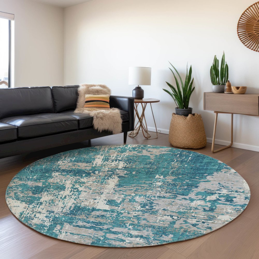 Premium Machine Washable Mayfield AMF1008 Teal 8' x 8' Round Rug. Picture 5