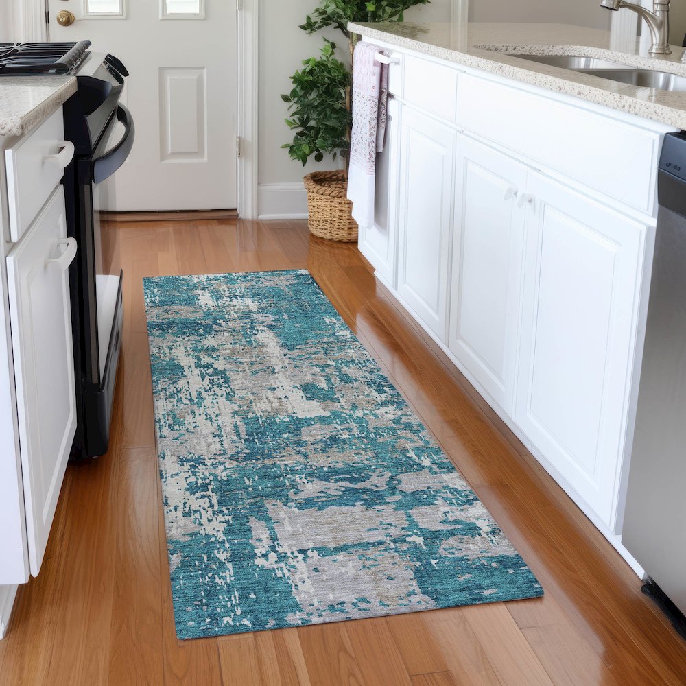 Premium Machine Washable Mayfield AMF1008 Teal 2'3" x 7'6" Runner Rug. Picture 5