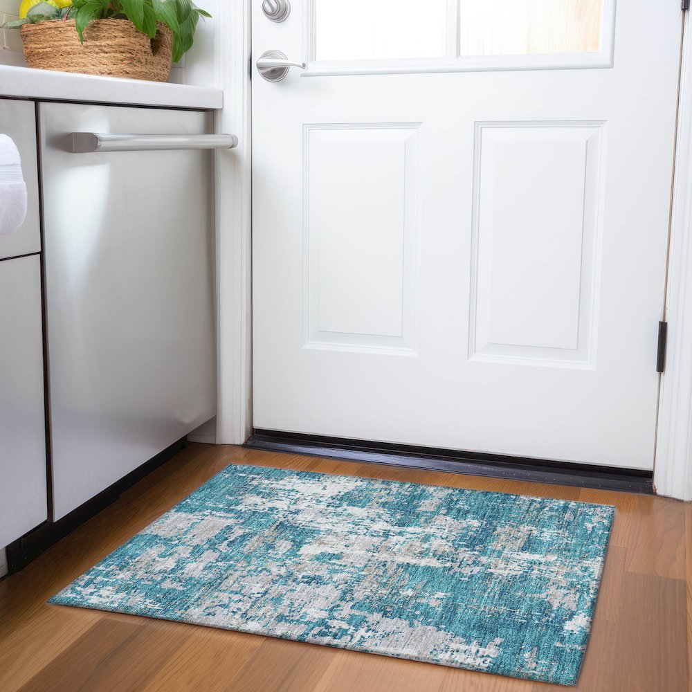 Premium Machine Washable Mayfield AMF1008 Teal 1'8" x 2'6" Rug. Picture 5