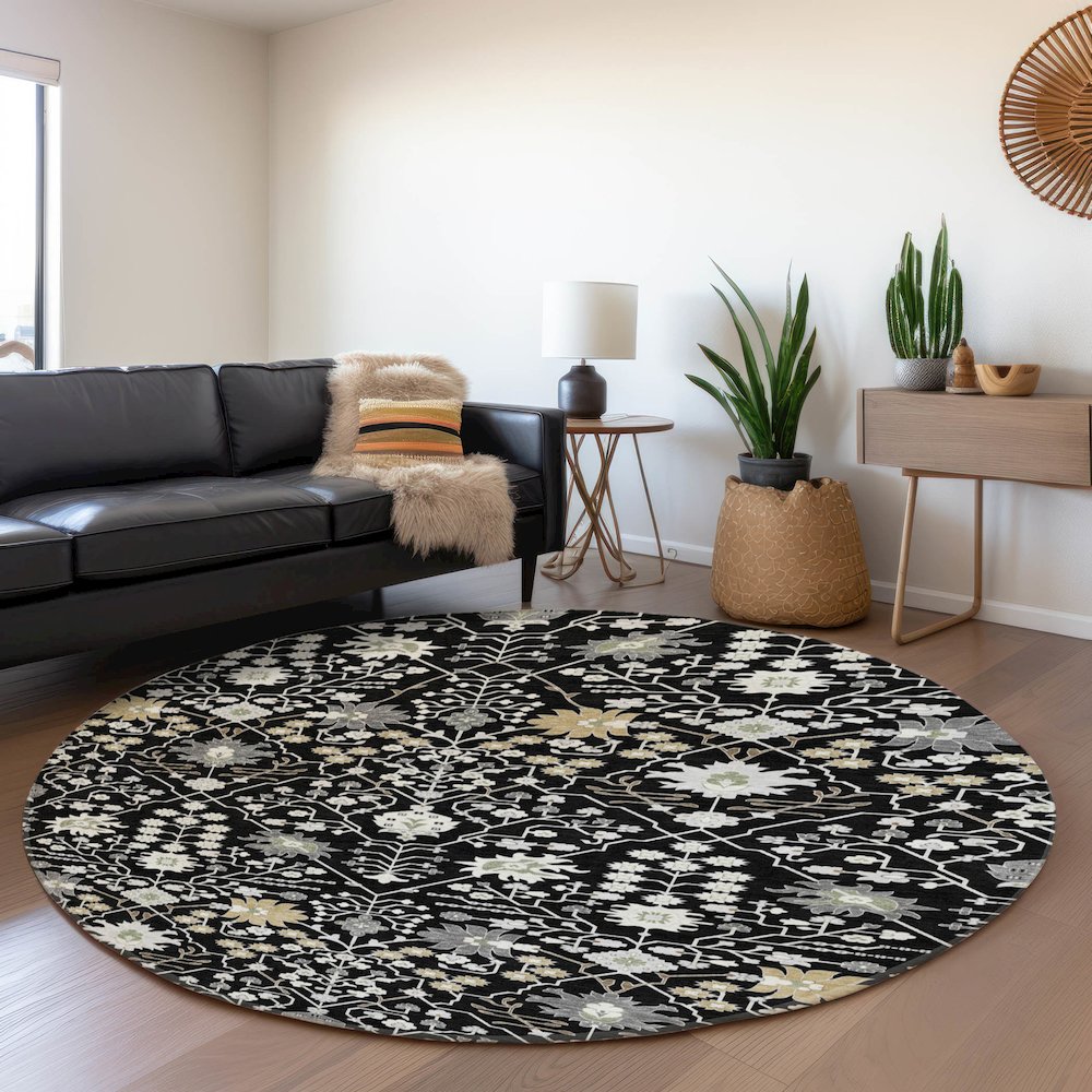 Premium Machine Washable Mayfield AMF1009 Black 8' x 8' Round Rug. Picture 5