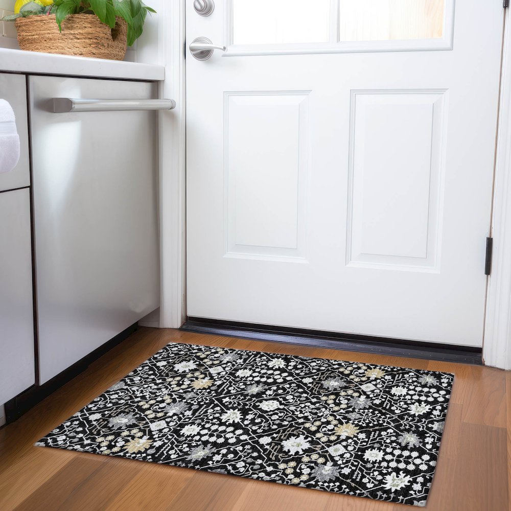 Premium Machine Washable Mayfield AMF1009 Black 1'8" x 2'6" Rug. Picture 5
