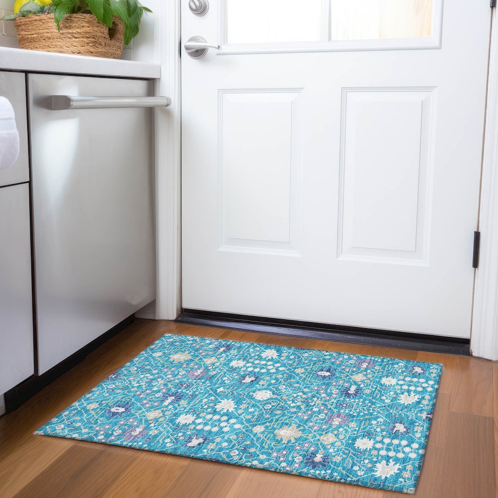 Premium Machine Washable Mayfield AMF1009 Teal 1'8" x 2'6" Rug. Picture 5