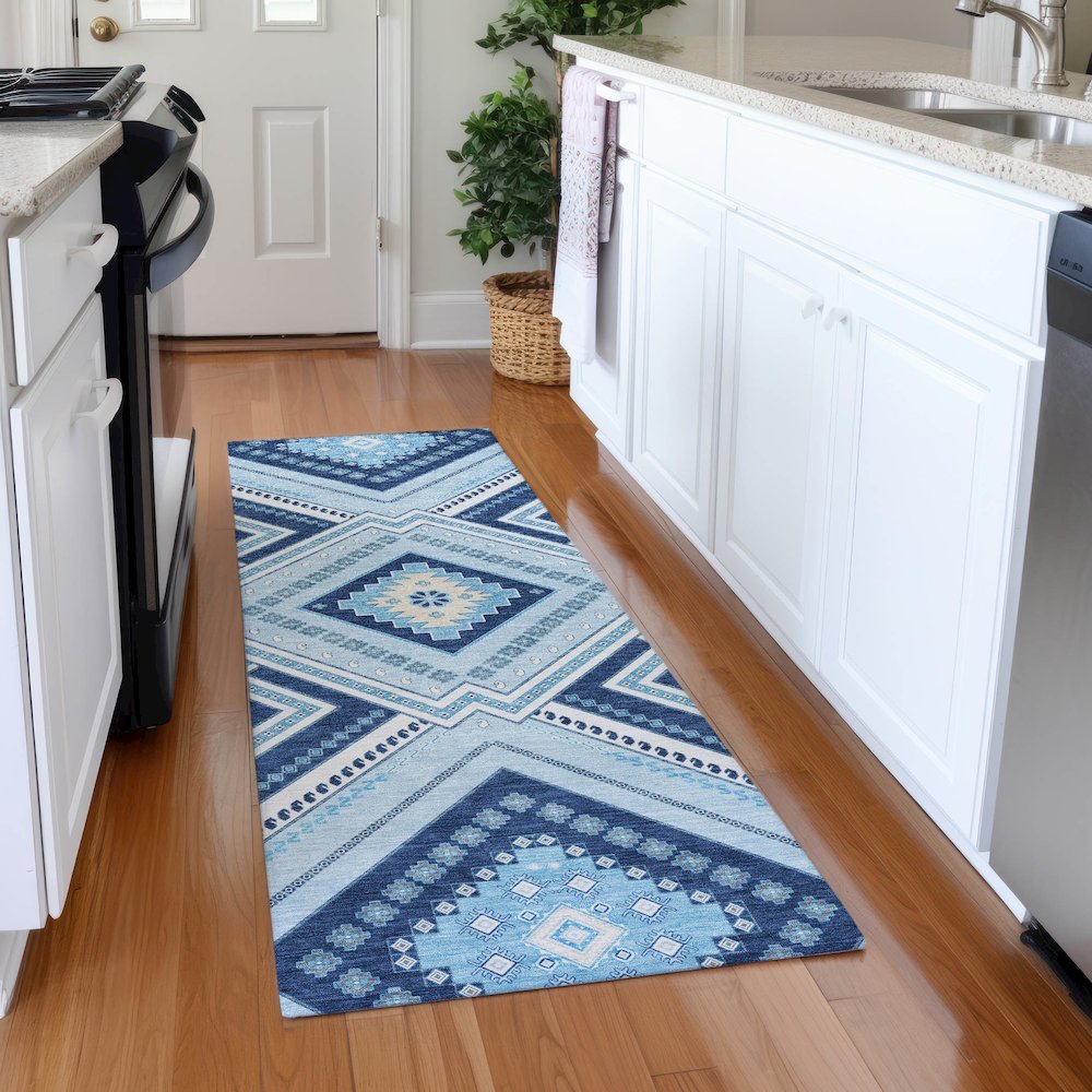 Premium Machine Washable Mayfield AMF1010 Navy 2'3" x 7'6" Runner Rug. Picture 5