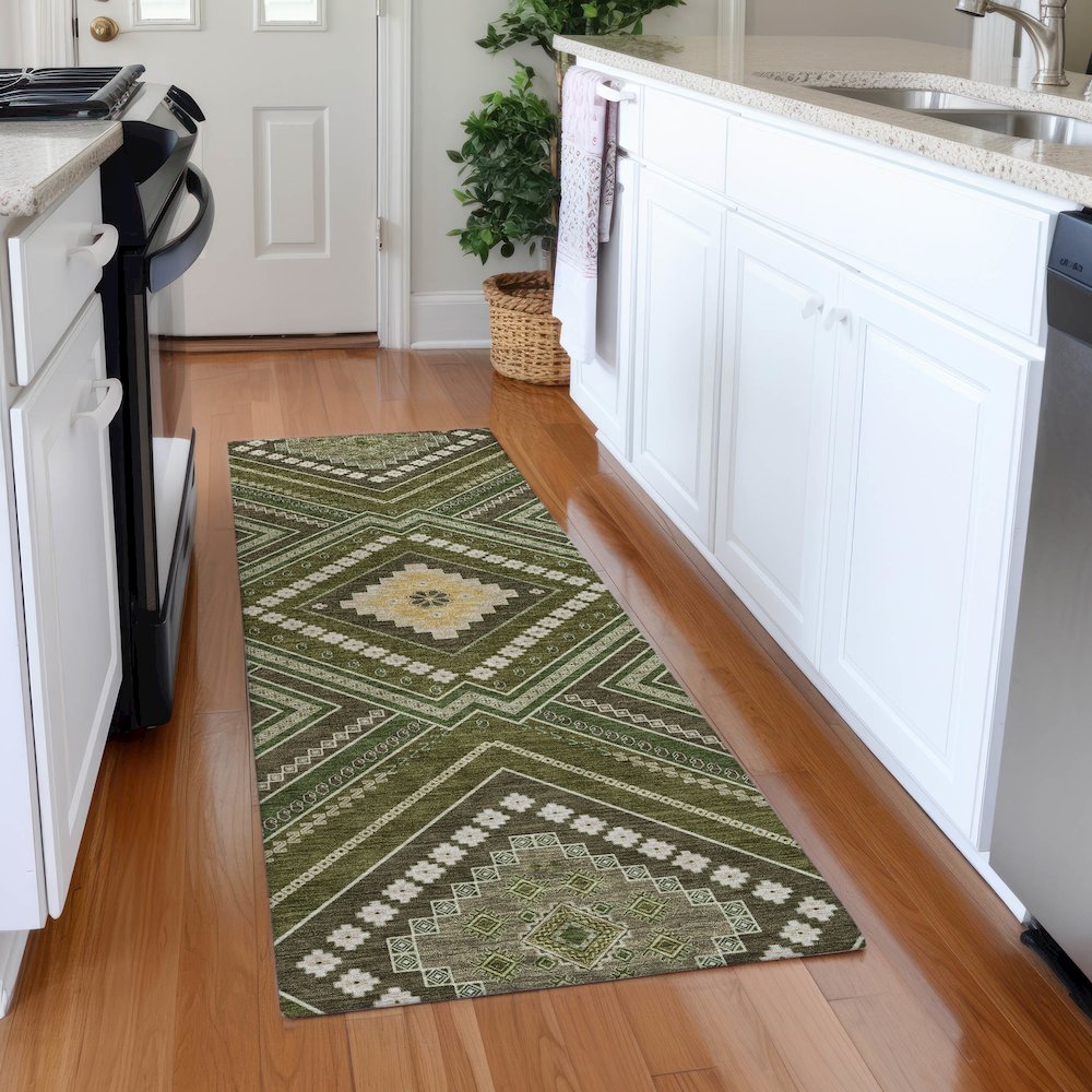Premium Machine Washable Mayfield AMF1010 Olive 2'3" x 7'6" Runner Rug. Picture 5
