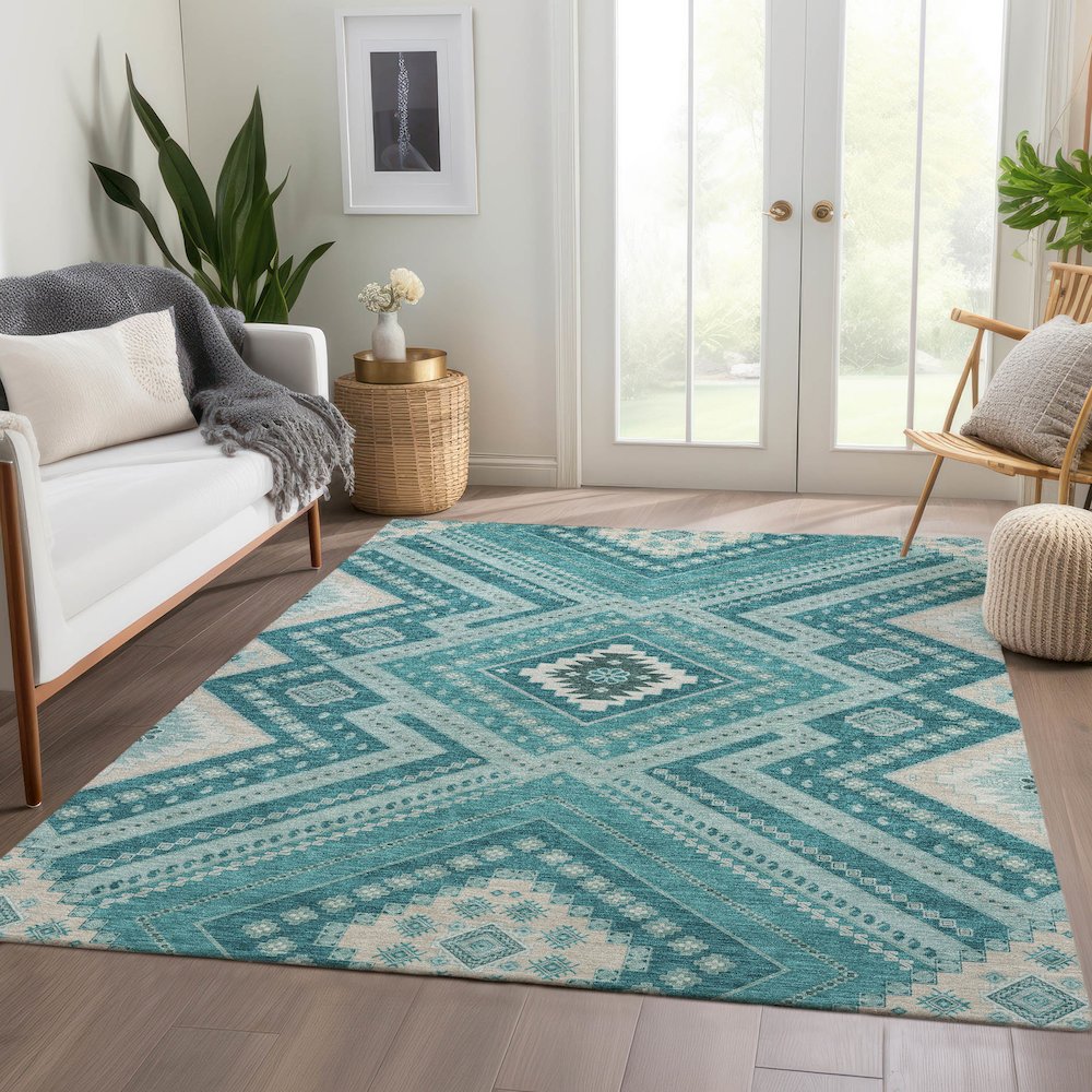Premium Machine Washable Mayfield AMF1010 Teal 2'6" x 3'10" Rug. Picture 6