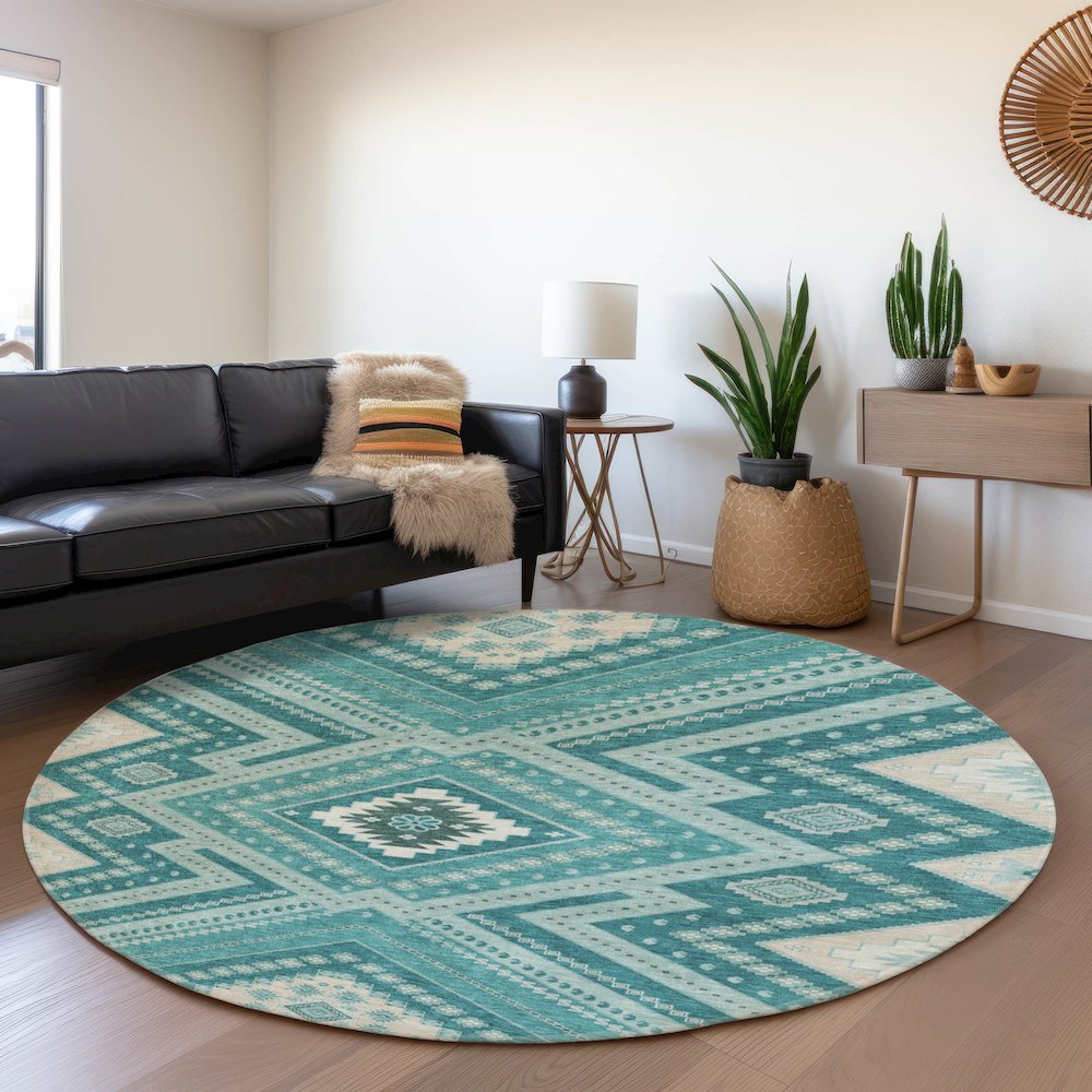Premium Machine Washable Mayfield AMF1010 Teal 8' x 8' Round Rug. Picture 5