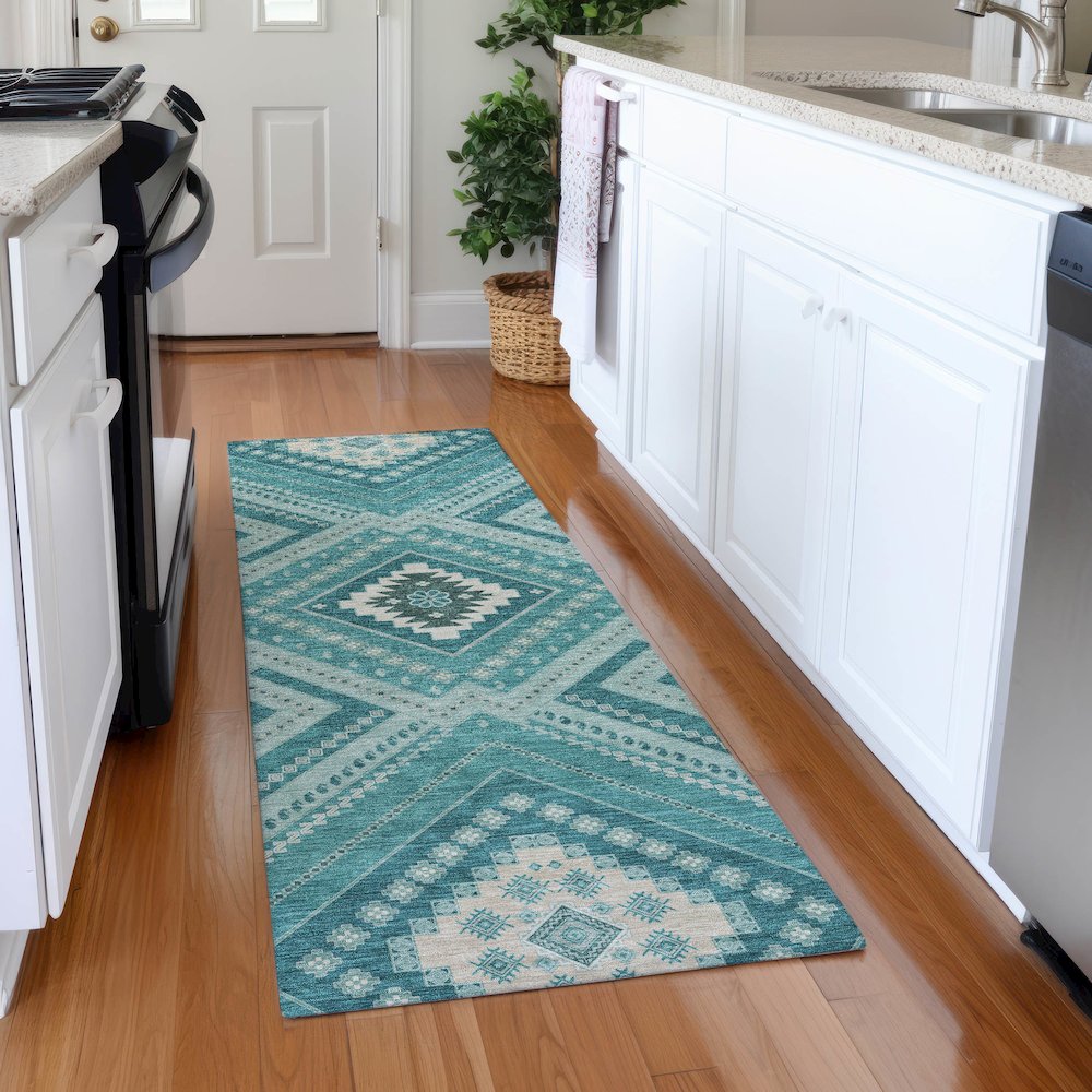 Premium Machine Washable Mayfield AMF1010 Teal 2'3" x 7'6" Runner Rug. Picture 5