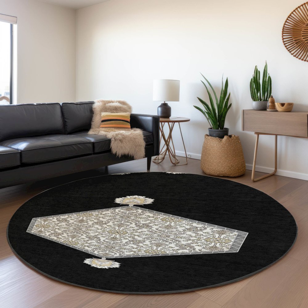 Premium Machine Washable Mayfield AMF1011 Black 8' x 8' Round Rug. Picture 5