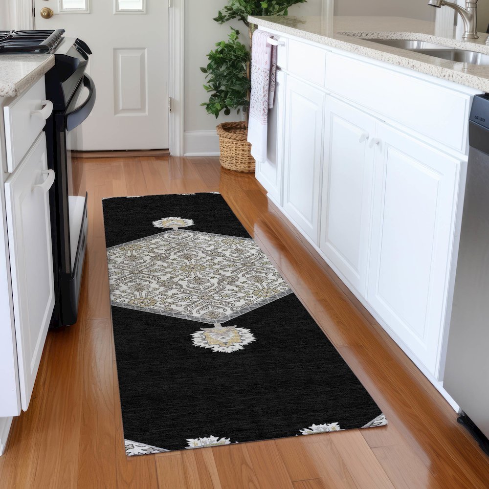 Premium Machine Washable Mayfield AMF1011 Black 2'3" x 7'6" Runner Rug. Picture 5