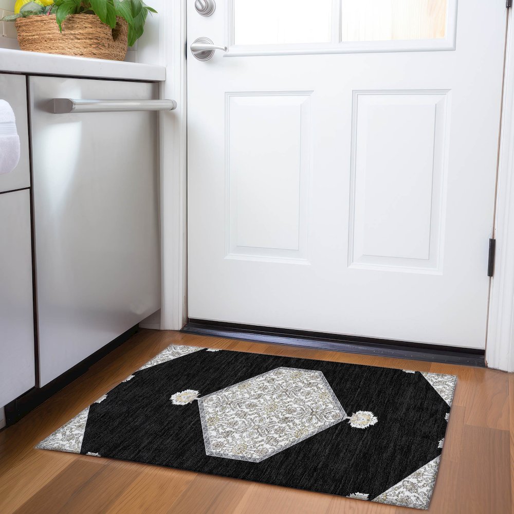 Premium Machine Washable Mayfield AMF1011 Black 1'8" x 2'6" Rug. Picture 5