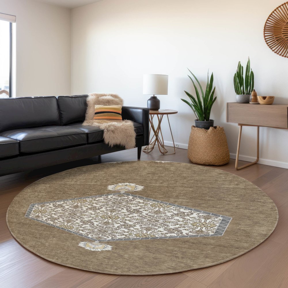Premium Machine Washable Mayfield AMF1011 Brown 8' x 8' Round Rug. Picture 5