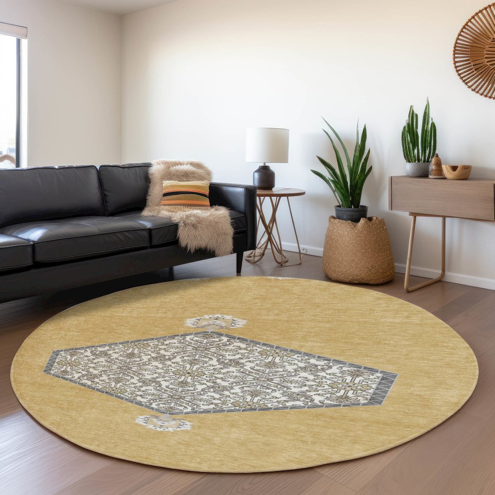 Premium Machine Washable Mayfield AMF1011 Gold 8' x 8' Round Rug. Picture 5
