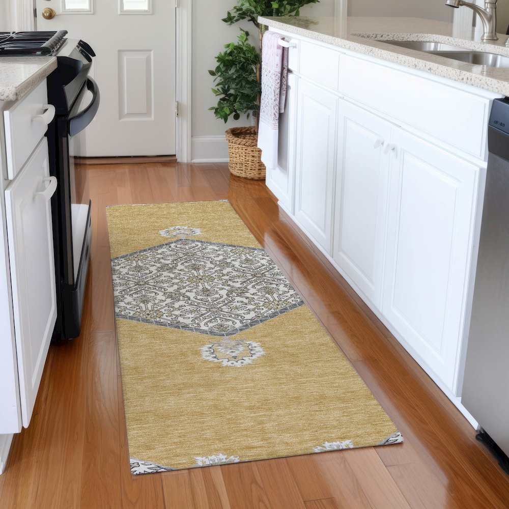 Premium Machine Washable Mayfield AMF1011 Gold 2'3" x 7'6" Runner Rug. Picture 5