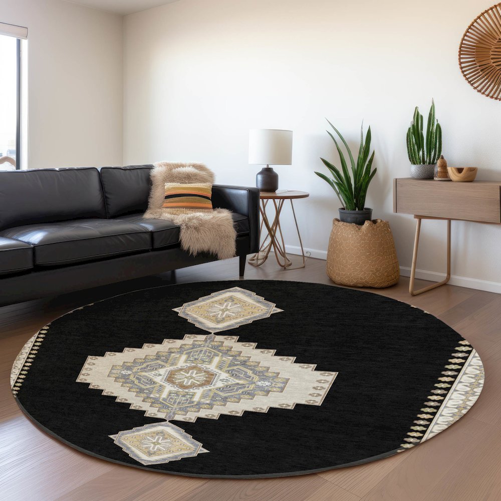 Premium Machine Washable Mayfield AMF1014 Black 8' x 8' Round Rug. Picture 5