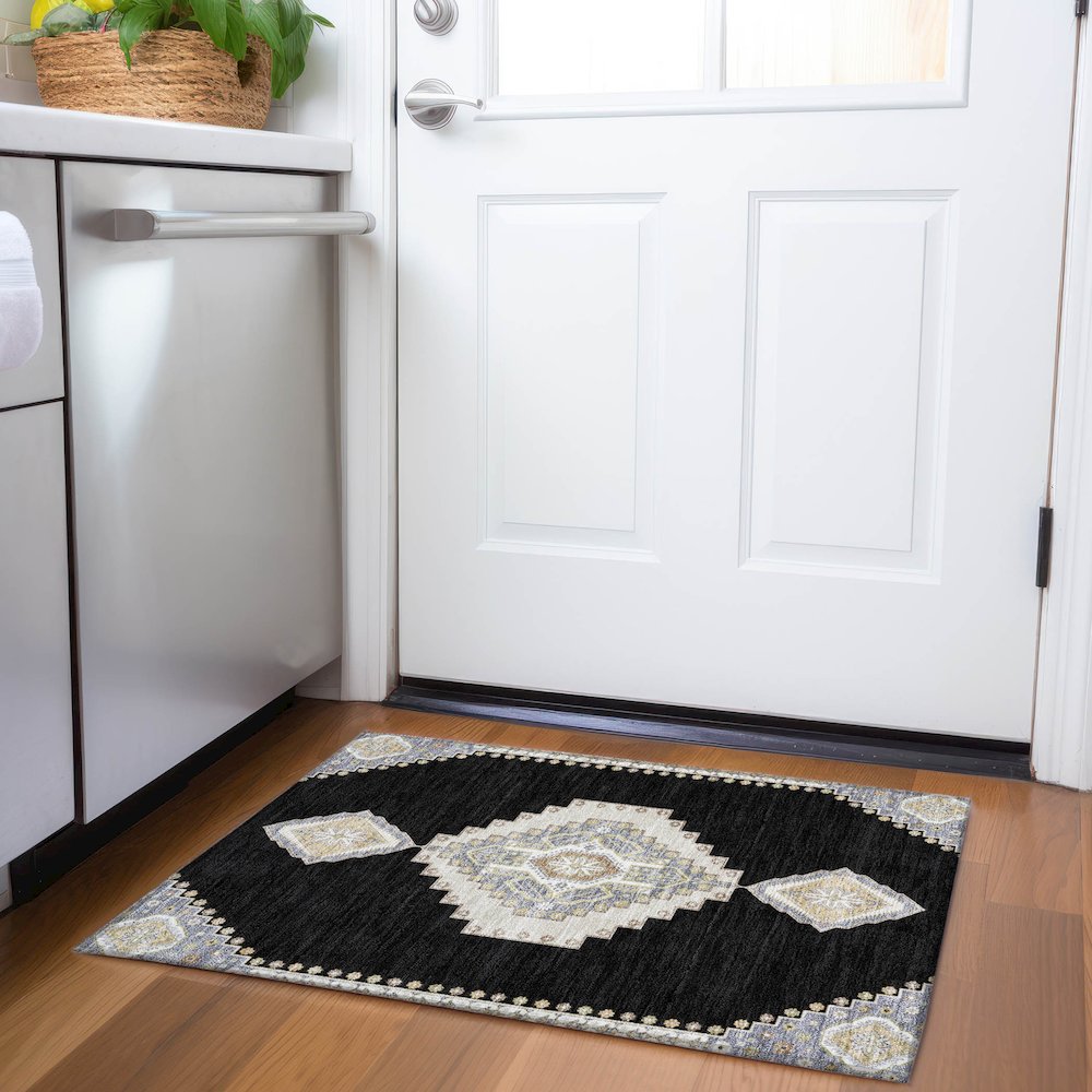 Premium Machine Washable Mayfield AMF1014 Black 1'8" x 2'6" Rug. Picture 5