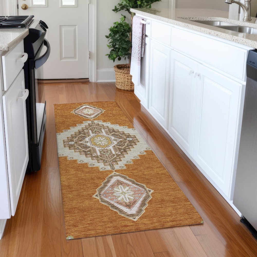 Premium Machine Washable Mayfield AMF1014 Copper 2'3" x 7'6" Runner Rug. Picture 5
