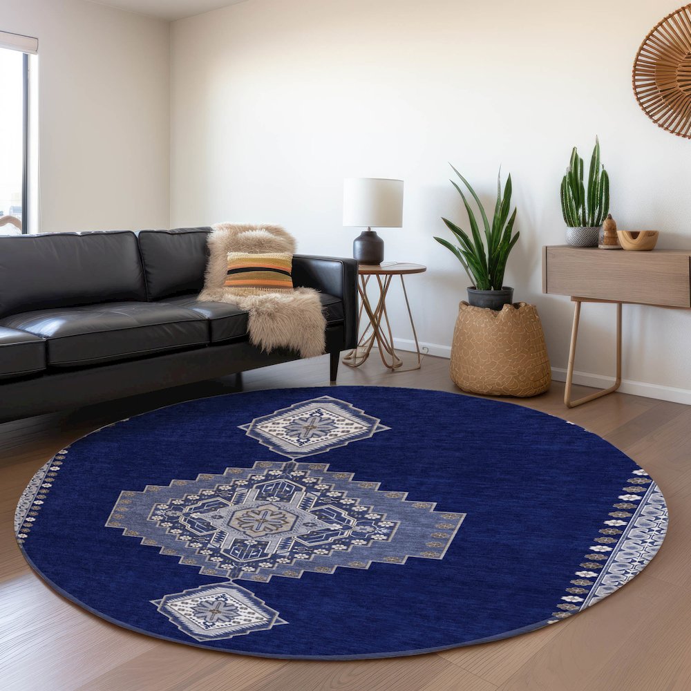 Premium Machine Washable Mayfield AMF1014 Navy 8' x 8' Round Rug. Picture 5