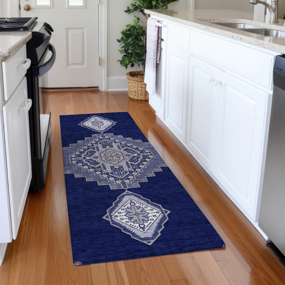 Premium Machine Washable Mayfield AMF1014 Navy 2'3" x 7'6" Runner Rug. Picture 5