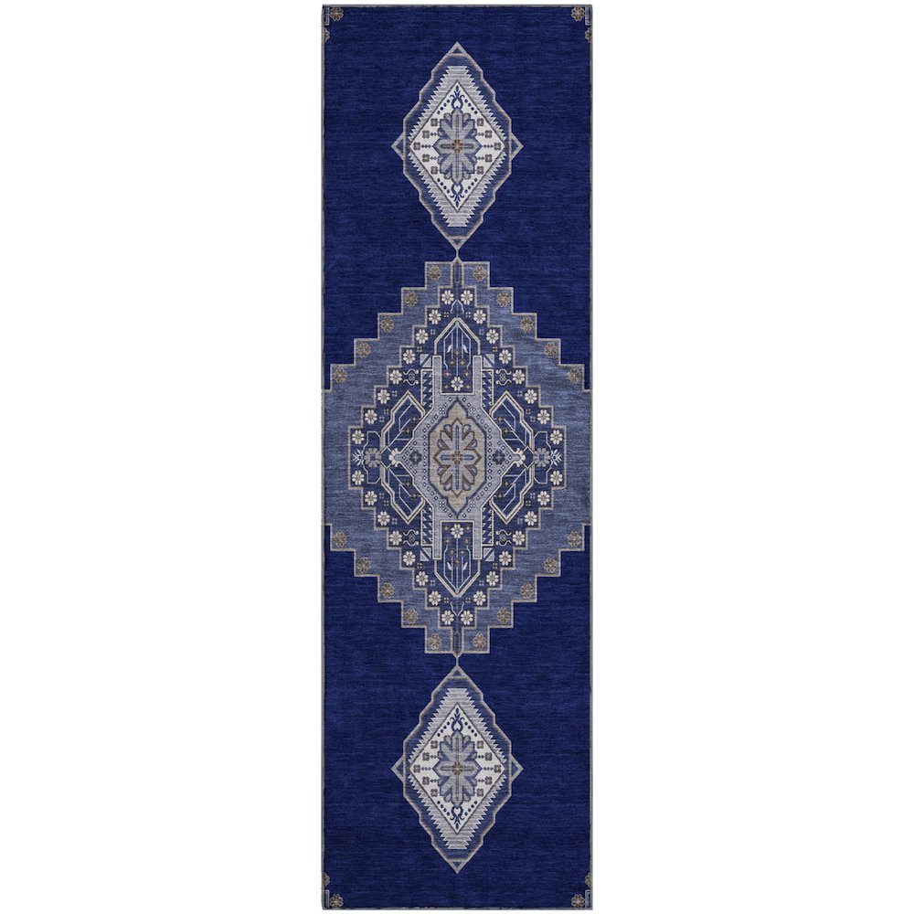 Premium Machine Washable Mayfield AMF1014 Navy 2'3" x 7'6" Runner Rug. Picture 1
